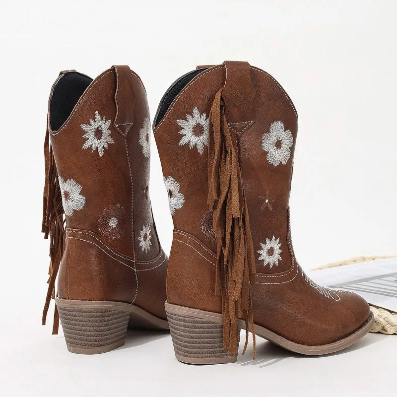 Floral Western Knee High Boots Girls Premium Quality Slip-on Fringe Cowboy Booties Kids Autumn Heeled Point Toe Botas para niños - footmaxldn