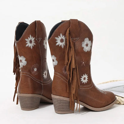 Floral Western Knee High Boots Girls Premium Quality Slip-on Fringe Cowboy Booties Kids Autumn Heeled Point Toe Botas para niños - footmaxldn