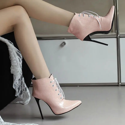 Footmax Women's Stiletto Ankle Boots - 12cm Pointed Toe Lace-Up Party Booties - footmaxldn