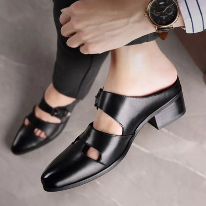 Men's Black Leather Block Heel Mule Slides | Footmaxldn
