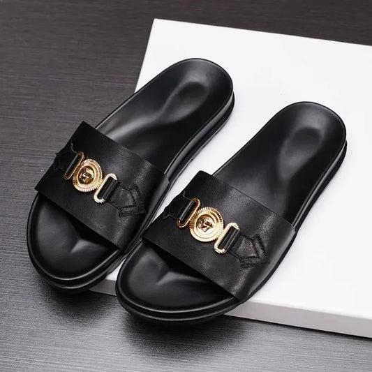 Men's Genuine Leather Slides with Gold Medallion Hardware – footmaxldn