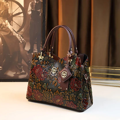 Vintage Flower Pattern Handbag, Luxury PU Leather Tote Bag, Fashion Crossbody Bag For Women - footmaxldn