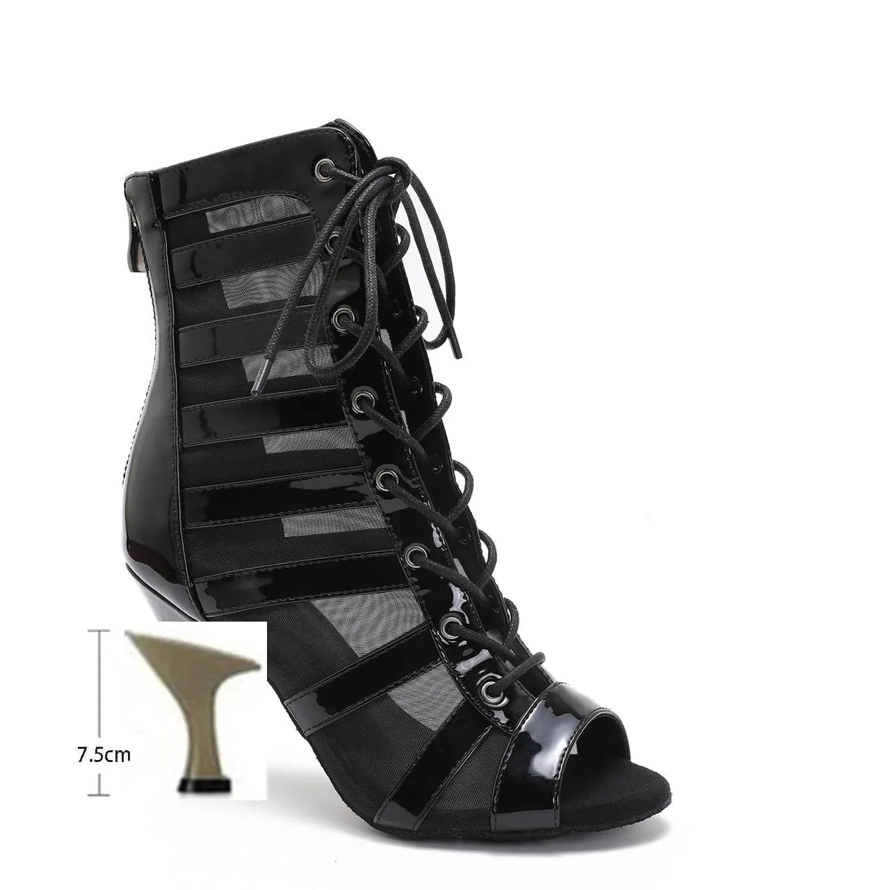 Black high-heeled shoes with a slipper and measurement scale on a white background
