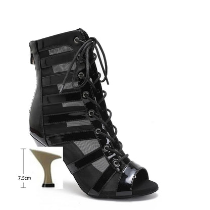 Black high-heeled shoes with a slipper and measurement scale on a white background