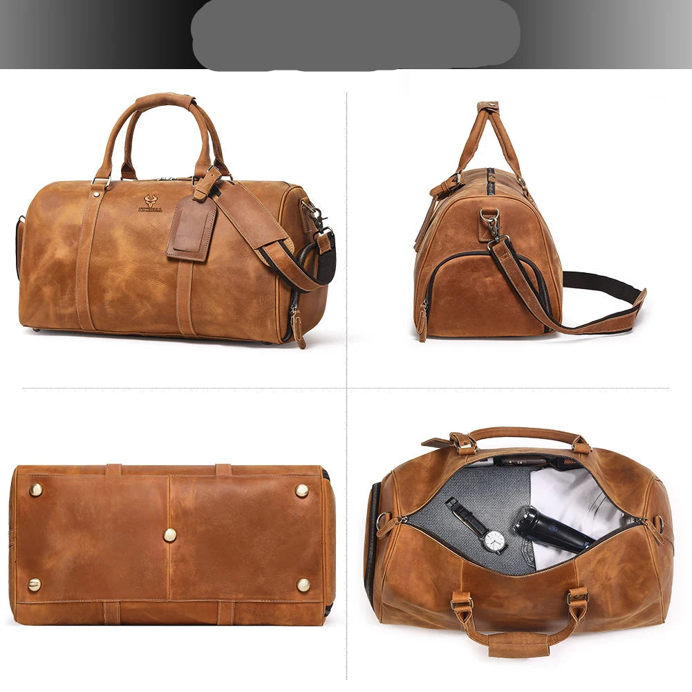 Footmax Men's Crazy Horse Leather Duffle Bag - Large Travel Luggage 15" Laptop - footmaxldn