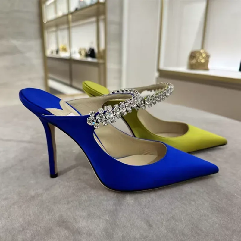 Footmaxldn Rhinestone Chain Stiletto Mules – Patent Leather High Heel Sandals for Women