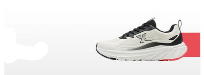 White running shoe with black accents on a white background