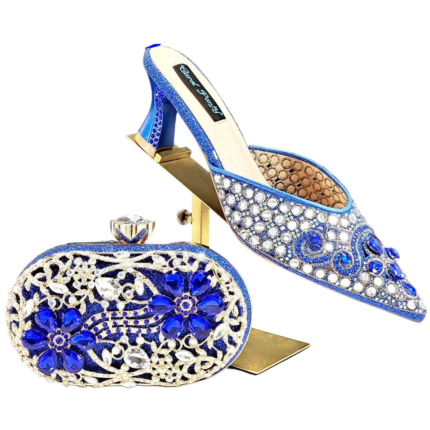 Footmax Blue Rhinestone Ladies Shoes with Matching Mini Bag - Luxury Designer Set - footmaxldn