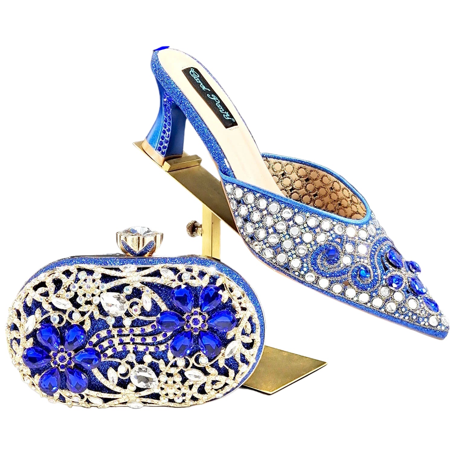 Footmax Blue Rhinestone Ladies Shoes with Matching Mini Bag - Luxury Designer Set - footmaxldn