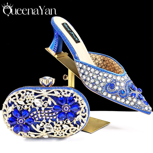 Footmax Blue Rhinestone Ladies Shoes with Matching Mini Bag - Luxury Designer Set - footmaxldn