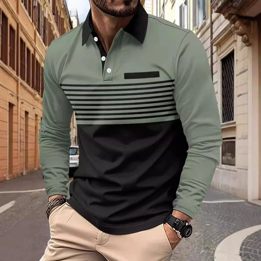 Footmax Men's Striped Collar Long Sleeve Polo Shirt - Casual Autumn 2025 - footmaxldn