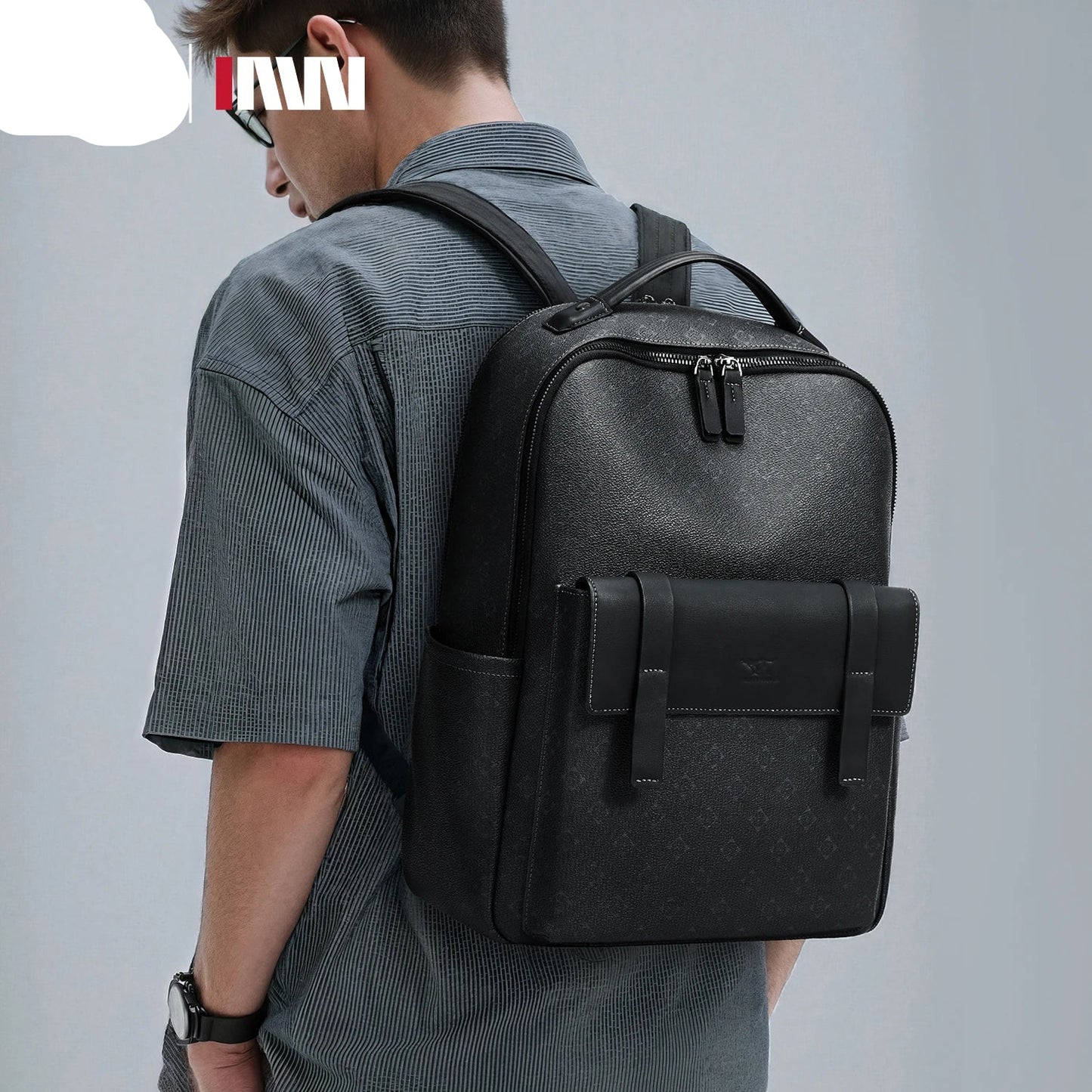 Septwolves Luxury Leather Backpack for Men Monogram Printed Stylish Laptop Backpack 15 Inch Travel Bag Black Business Backpack - footmaxldn