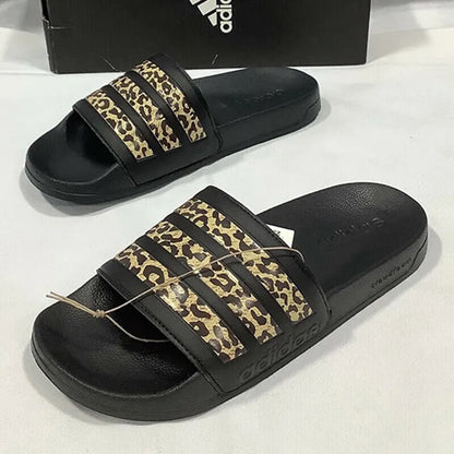 Adidas Trendy Slides. Black - gold Leopard Print Design, Suitable for Summer Outdoor Wear, the First Choice for Casual and Versa - footmaxldn