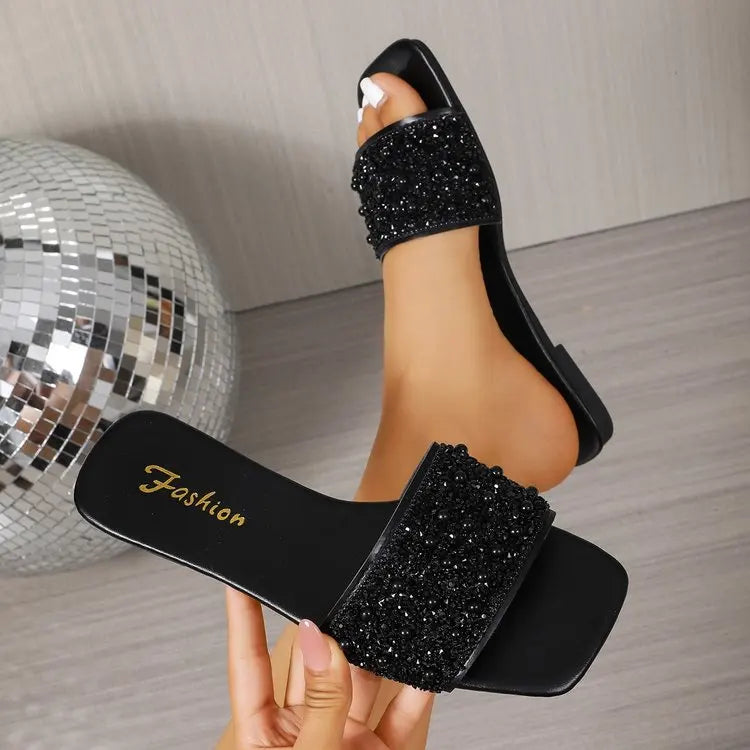 Footmaxldn Beaded Flat Slide Sandals – Women's Black Square Toe Summer Slippers