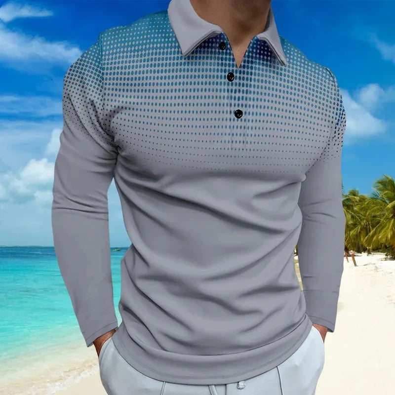 Footmax Men's Gradient Dot Print Golf Polo Shirt - Long Sleeve Casual Streetwear Button Up - footmaxldn