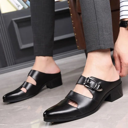 Men's Black Leather Block Heel Mule Slides | Footmaxldn