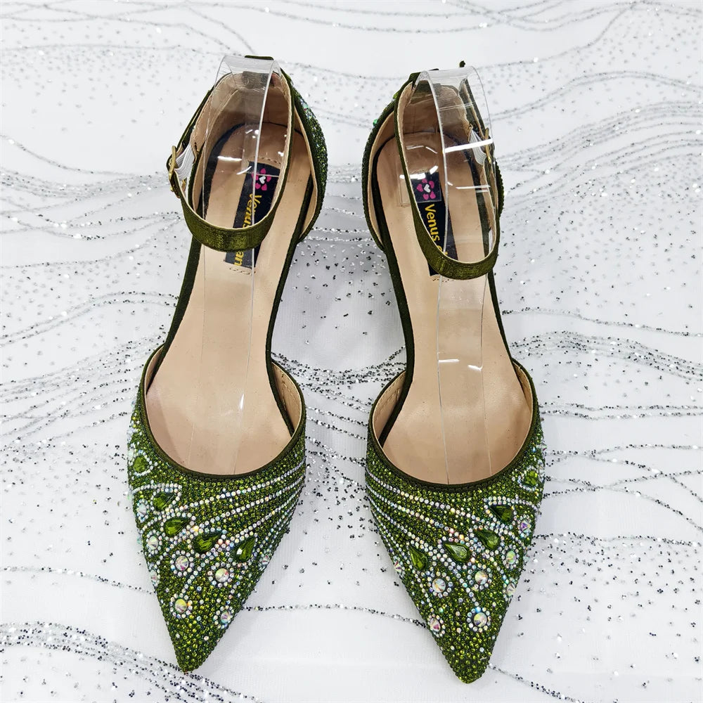 2025 Elegant Rhinestone Pointed Toe Pumps With Matching Bag Set Large Size shoes Big Bag for Women's Party High Heels - footmaxldn