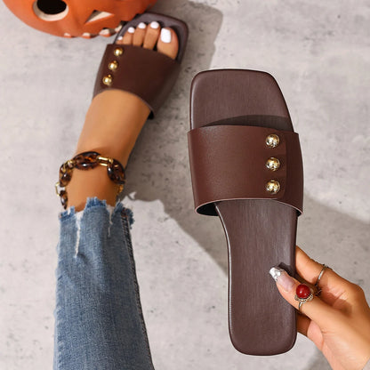 Footmaxldn Women's Rivet Flat Sandals — Slip-On Square Toe Summer Flats