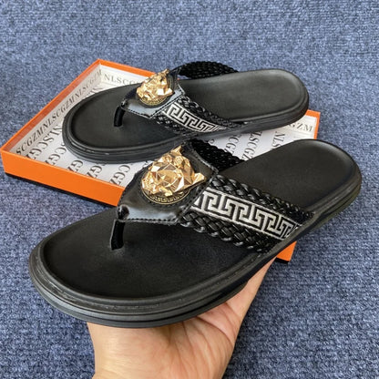 Footmaxldn Lion Head Flip Flops – Men's Luxury Leather Thong Sandals