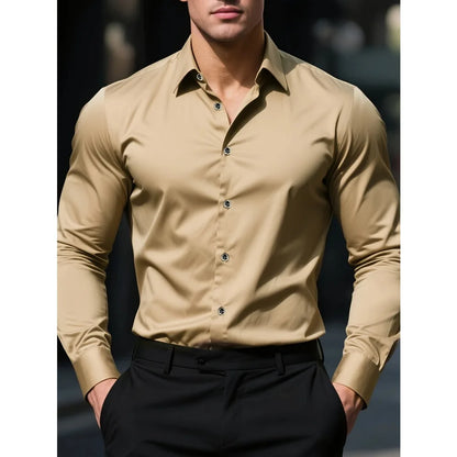 Footmax Men's Long Sleeve Shirt - Premium Solid Color Elastic Fabric Basic Shirt - footmaxldn