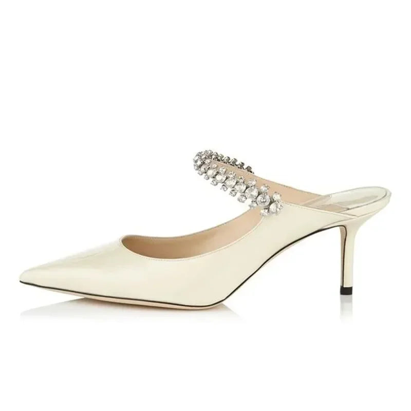 Footmaxldn Rhinestone Chain Stiletto Mules – Patent Leather High Heel Sandals for Women