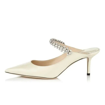 Footmaxldn Rhinestone Chain Stiletto Mules – Patent Leather High Heel Sandals for Women