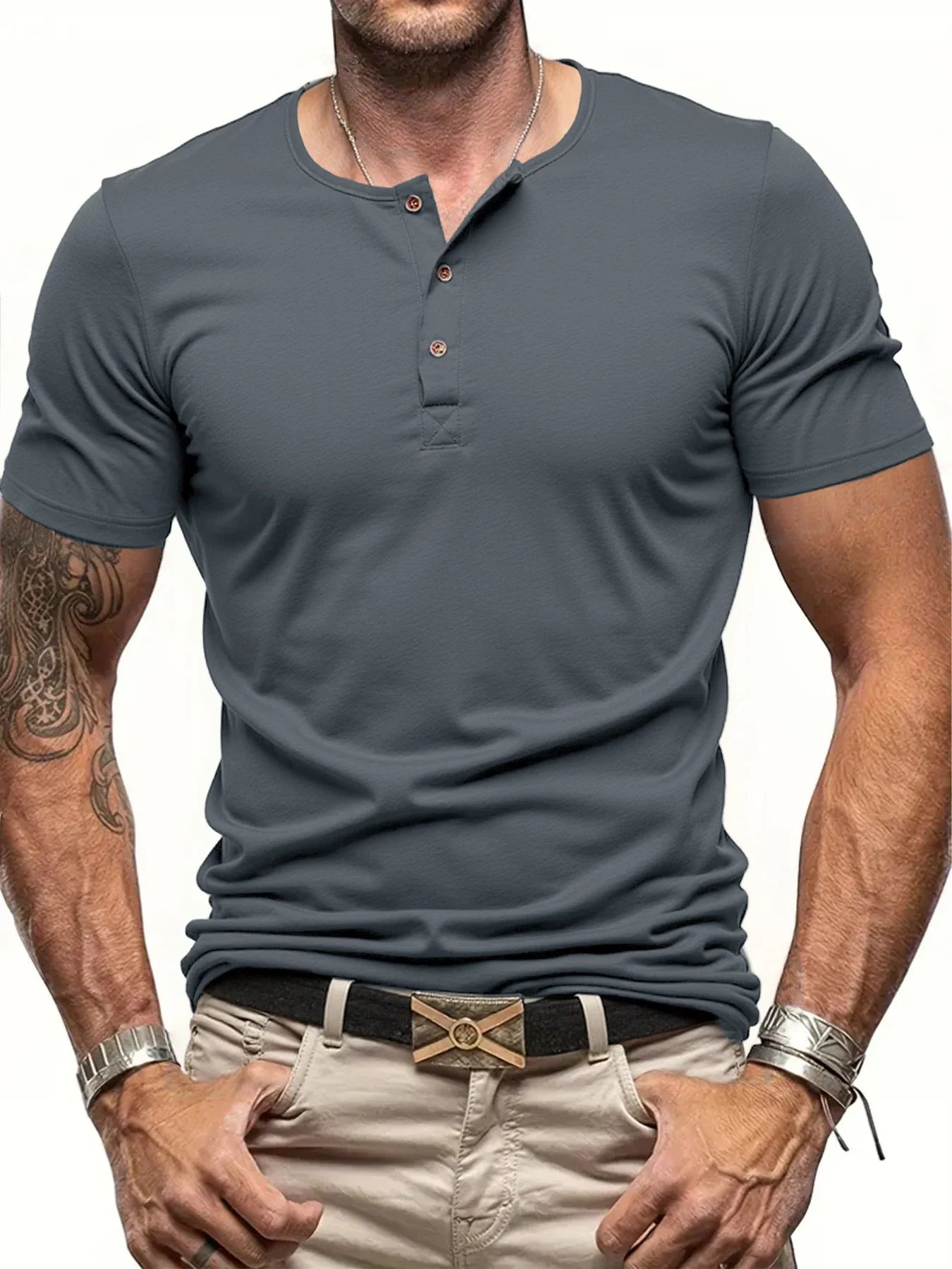 FootMax Men's Henley T-Shirt - Slim Fit Button Neck Short Sleeve Casual Tee - footmaxldn