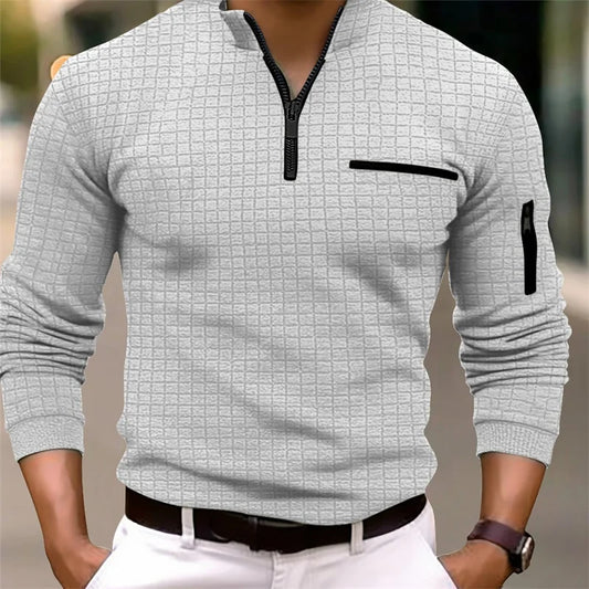 Footmax Men's Plaid Turtleneck Zipper Polo Shirt - Long Sleeve Business Casual Sports - footmaxldn
