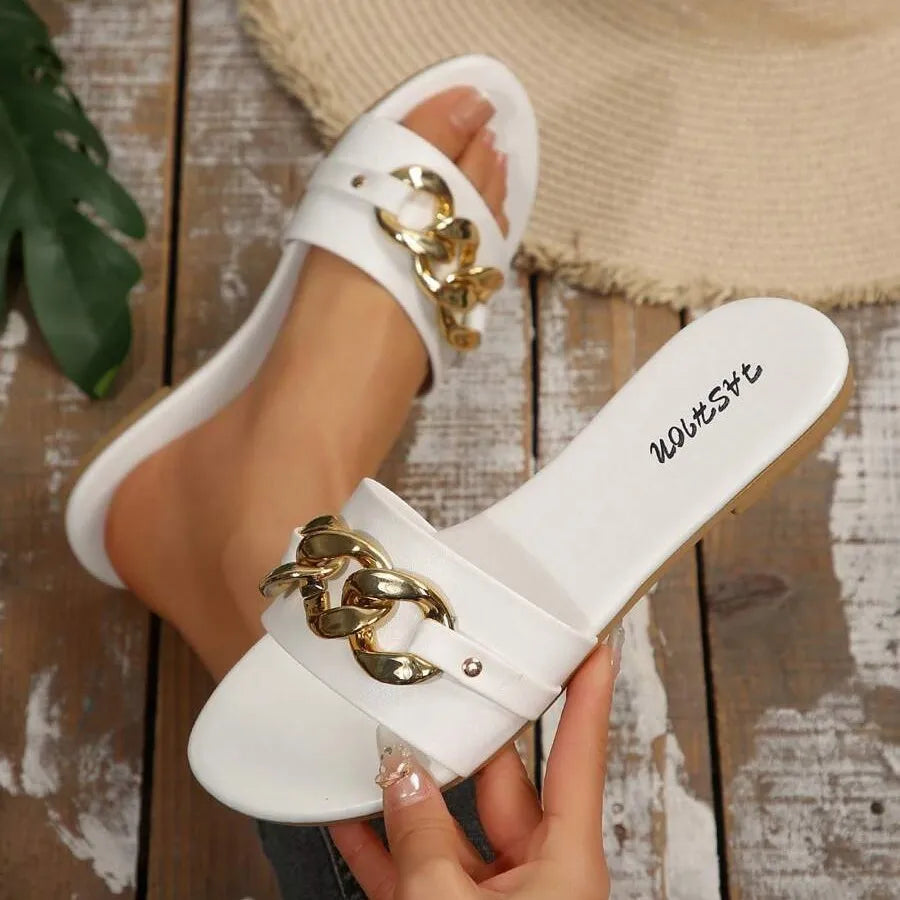 Women's Slippers with Chain Buckle, Flat-Soled Home Slippers, New Summer Style, Casual and Comfortable Women's Slippers, Round-Toe Slip-Ons, Holiday Style, Fashionable, Simple and Elegant Women's Sandals - footmaxldn