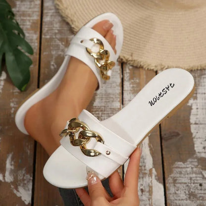 Women's Slippers with Chain Buckle, Flat-Soled Home Slippers, New Summer Style, Casual and Comfortable Women's Slippers, Round-Toe Slip-Ons, Holiday Style, Fashionable, Simple and Elegant Women's Sandals - footmaxldn