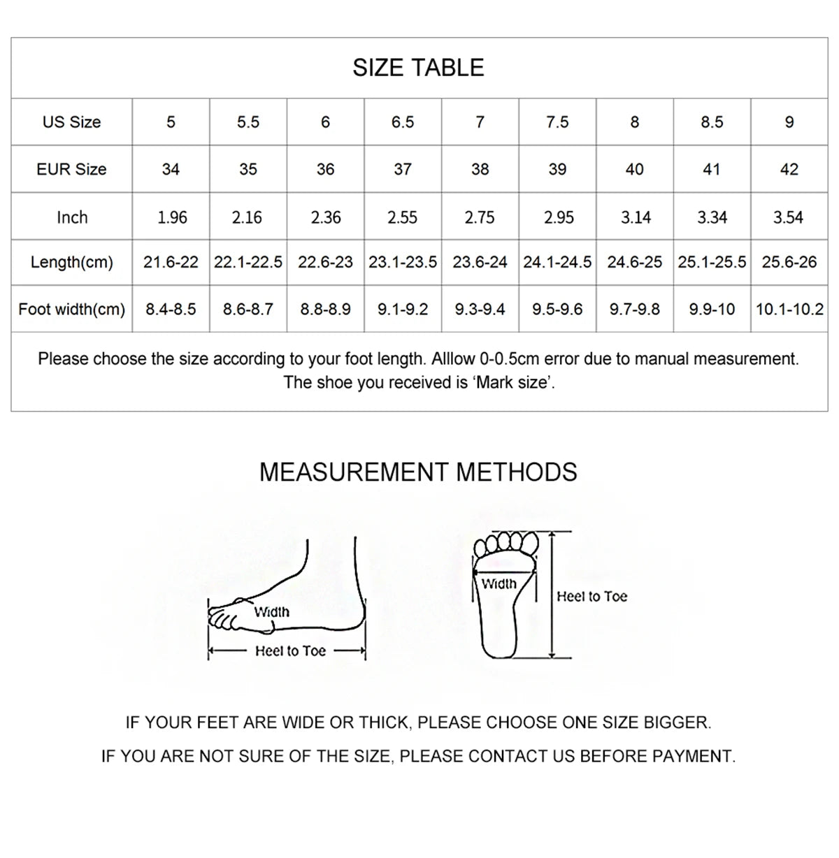 Size chart and measurement methods for shoes on a white background