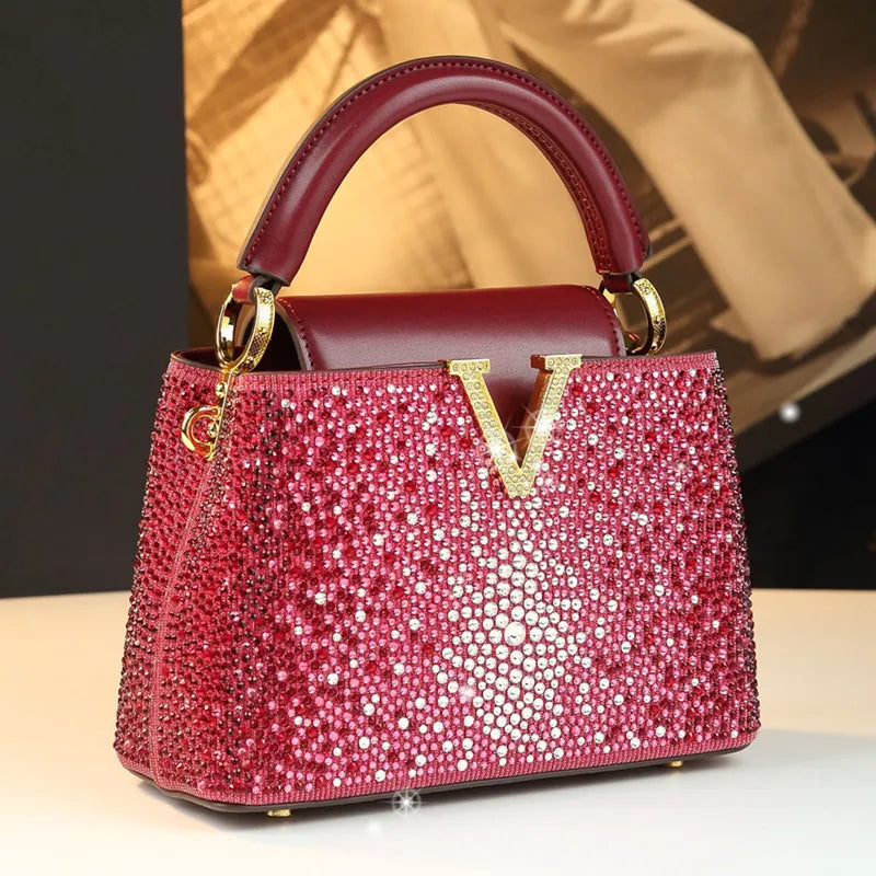 V Letter Diamond Crossbody Bag - Luxury Genuine Leather Bag | footmaxldn - footmaxldn