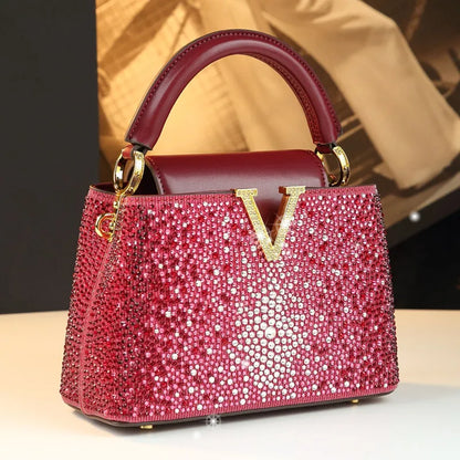 V Letter Diamond Crossbody Bag - Luxury Genuine Leather Bag | footmaxldn - footmaxldn