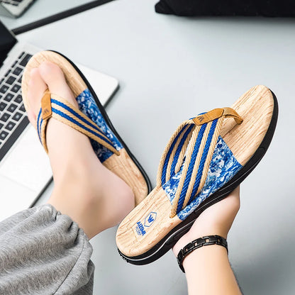 Japanese wood grain flip flops for men in summer wear anti-slip trend printed soft bottom clip foot stroke beach sand sand - footmaxldn