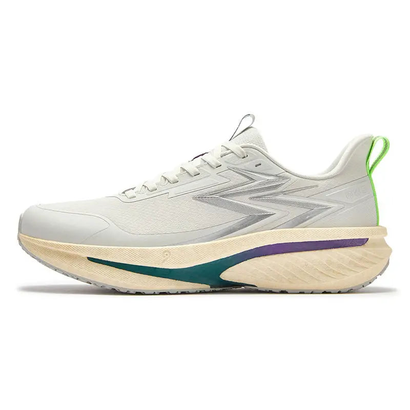 A white and light gray running shoe with a thick beige midsole, a dark teal accent stripe, a purple accent stripe, and a bright green heel pull tab, shown from a side profile on a white background.