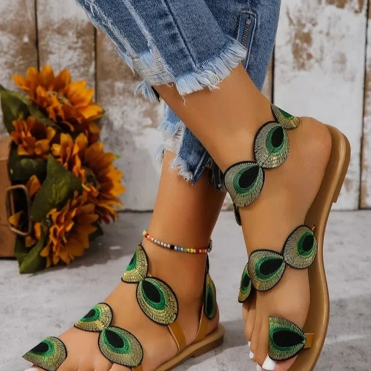 Footmaxldn Peacock Feather Embroidered Flat Sandals for Women