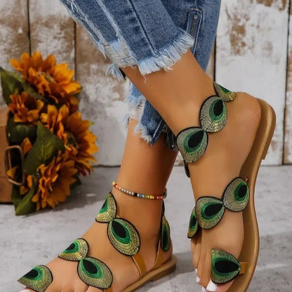 Footmaxldn Peacock Feather Embroidered Flat Sandals for Women