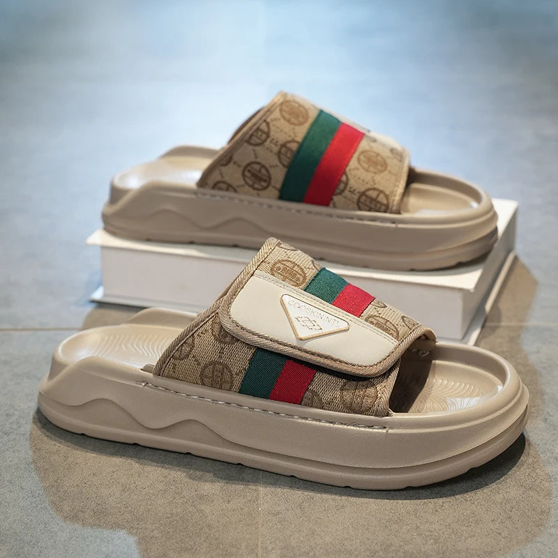 Men's Platform Slide Sandals | Stripe Detail & Cushioned Sole | Footmaxldn
