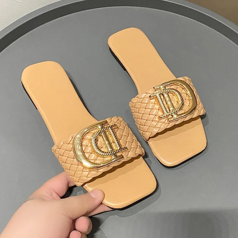 Women Slippers Party Sexy Elegant Slippers Women Luxury Decor Weave Designer Flat Sandals Fashion Open-toe Vacation Slides Women - footmaxldn