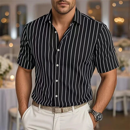 Men's Striped Short Sleeve Shirt - Casual Breathable Button-Up by Footmax