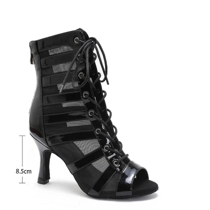 Black high-heeled lace-up boot with non-slip rubber sole and measurement details.