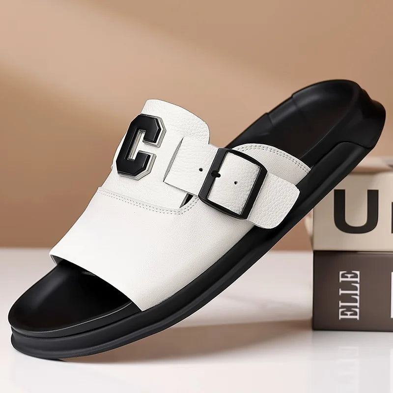 Men's Genuine Leather Platform Sandals | Roman Buckle Summer Slides – Footmaxldn