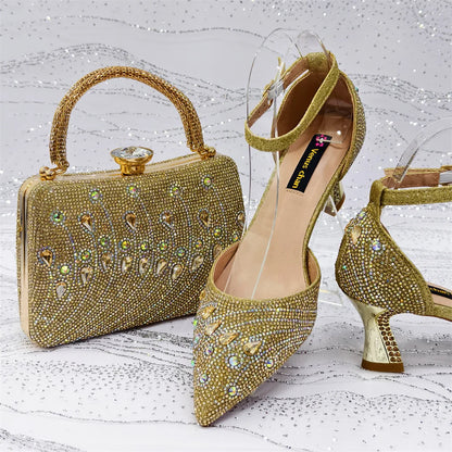 2025 Elegant Rhinestone Pointed Toe Pumps With Matching Bag Set Large Size shoes Big Bag for Women's Party High Heels - footmaxldn