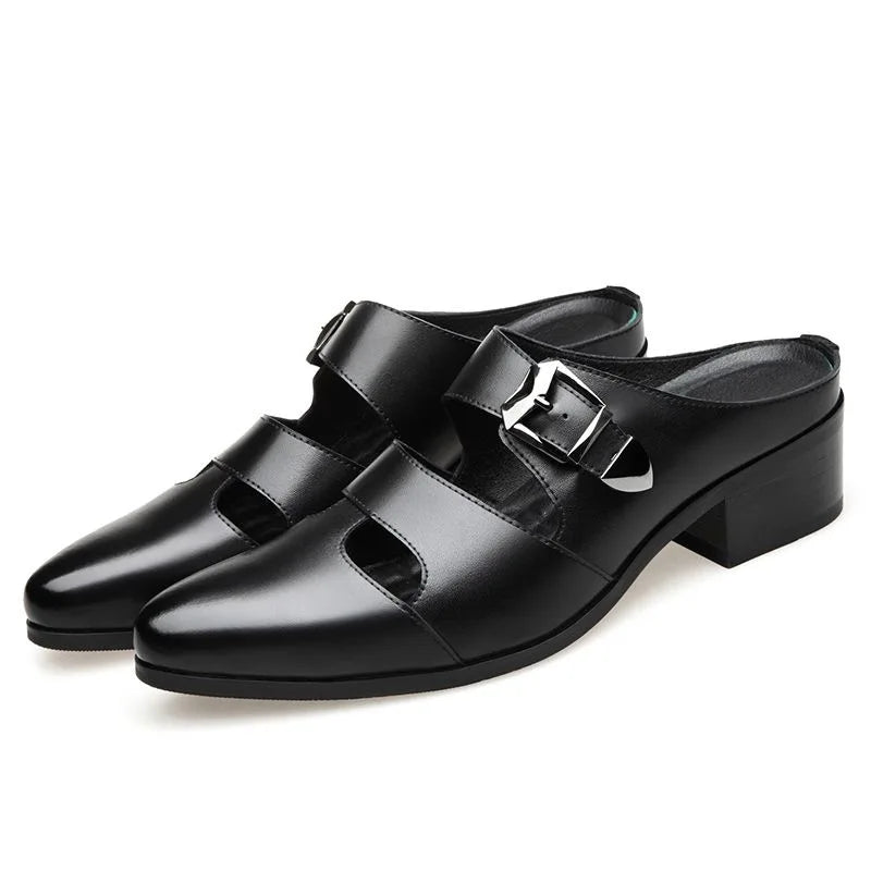 Men's Black Leather Block Heel Mule Slides | Footmaxldn