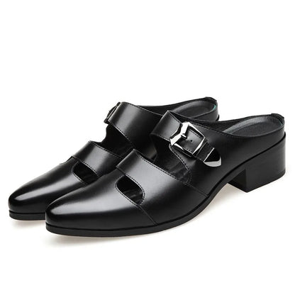 Men's Black Leather Block Heel Mule Slides | Footmaxldn
