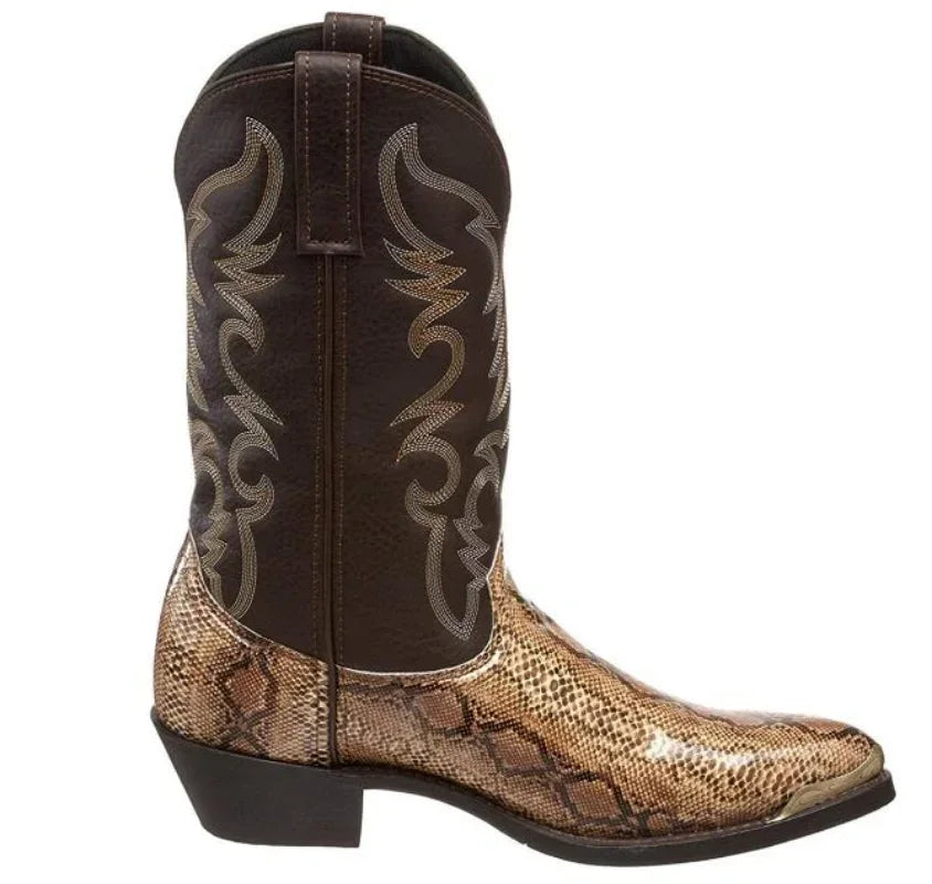 Metallic Snakeskin-Effect Embroidered Cowboy Boots