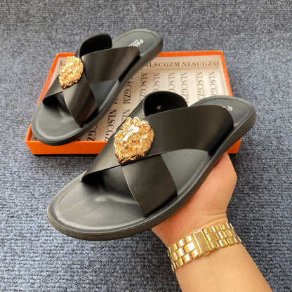 Men's Leather Cross-Strap Slides with Gold Lion Emblem – Footmaxldn