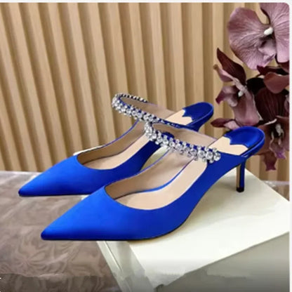 Footmaxldn Rhinestone Chain Stiletto Mules – Patent Leather High Heel Sandals for Women