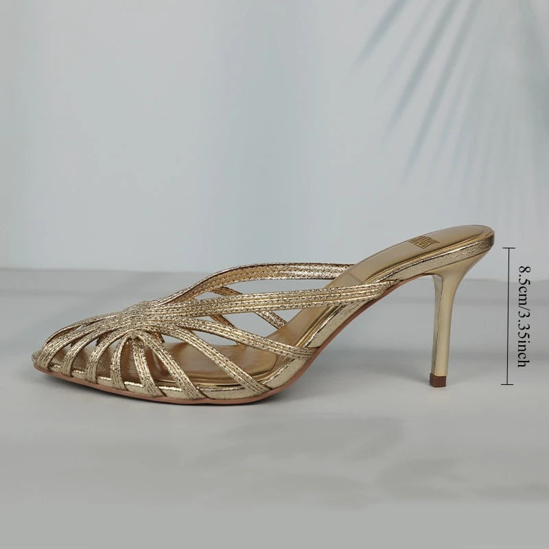New Gold Hollow Thin Strip Heels for Women Luxury Pointed Toe Heeled Pumps Office Lady Mules Summer Stiletto Shoe Sandals 2025 - footmaxldn