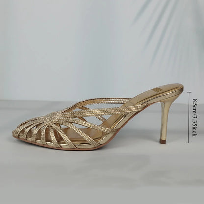 New Gold Hollow Thin Strip Heels for Women Luxury Pointed Toe Heeled Pumps Office Lady Mules Summer Stiletto Shoe Sandals 2025 - footmaxldn